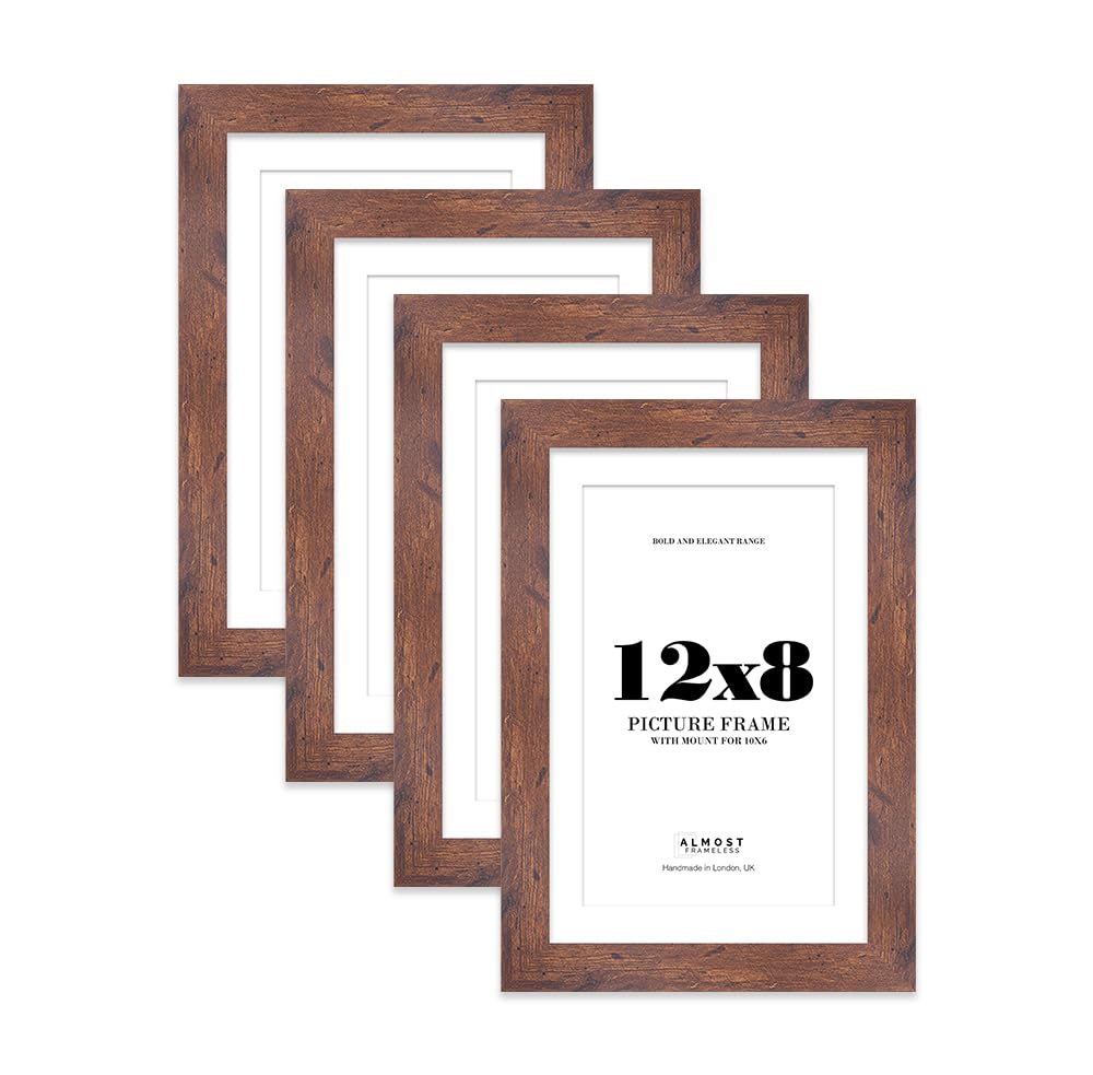 12x8 Rustic Wood Frame With Mount for 10x6 Pictures 28mm Edge Portrait and Landscape Display with Wall Hooks and Kickstand, 4 Pack