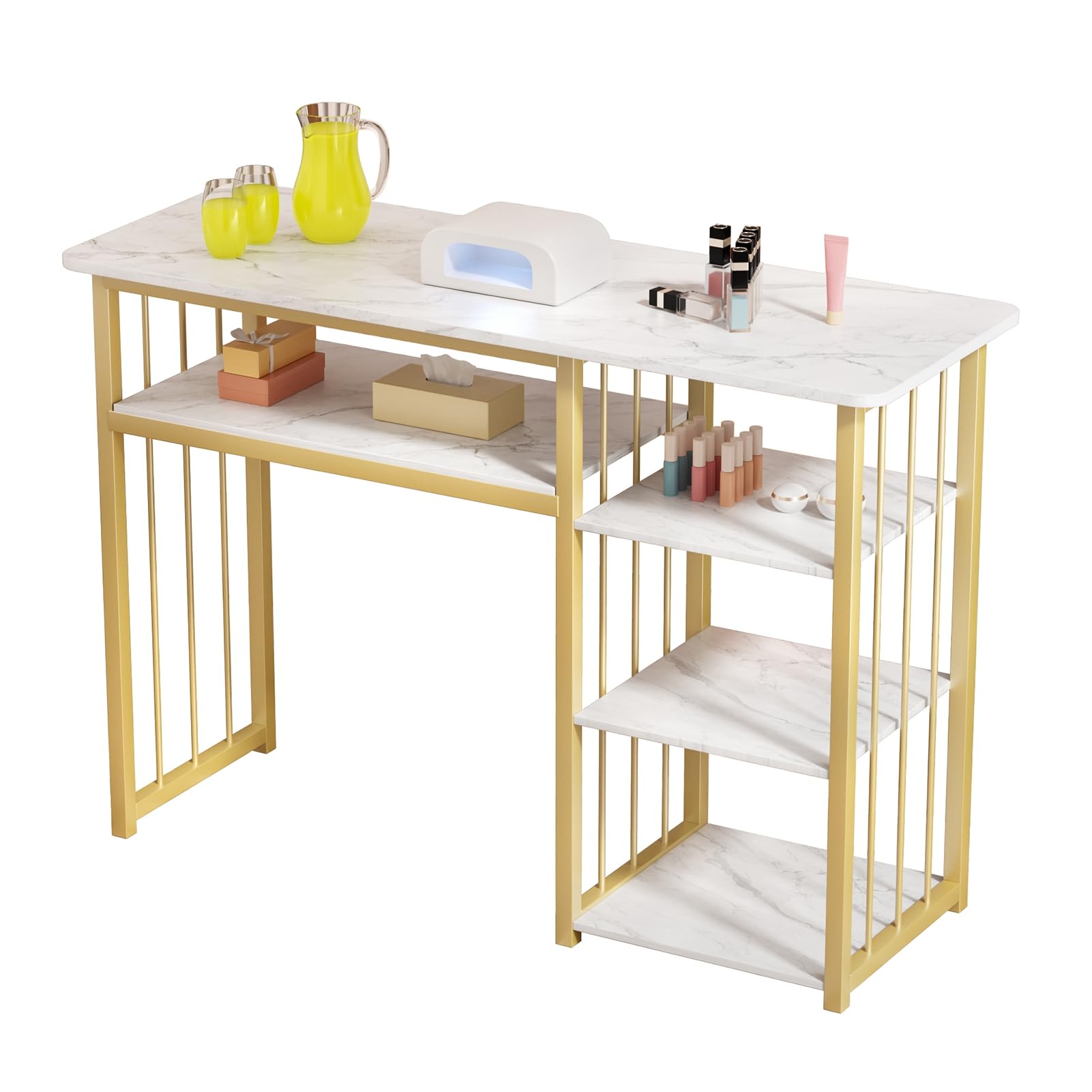 Escritorio de uñas, mesa de manicura de 39 pulgadas con estante de 3 niveles, escritorio técnico de uñas con parte superior de mármol con marco de metal, amplia mesa de salón de uñas para