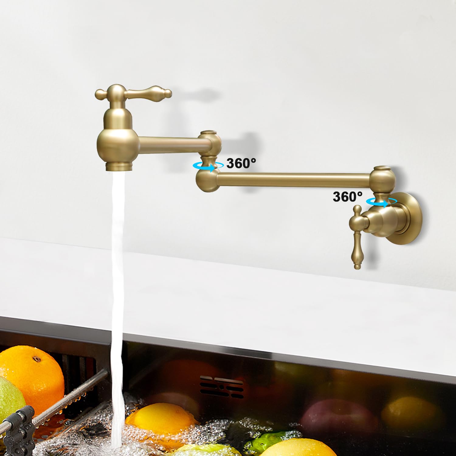 Grifo de fregadero de cocina Latón de un solo agujero dos manijas Pot Filler Grifo plegable (oro claro)