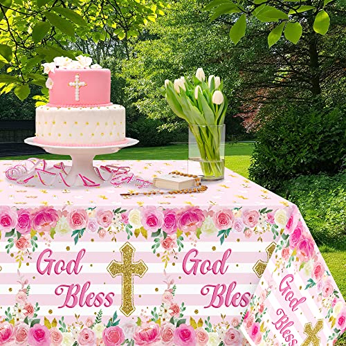 Image of Baby Girl Baptism Tablecloths - 3-Packs Pink Newborn Baby Girl Baptism Party Tablecovers Decor Flower Disposable Plastic Waterproof Rectangle Tablecloths God Bless First Communion Table Cover