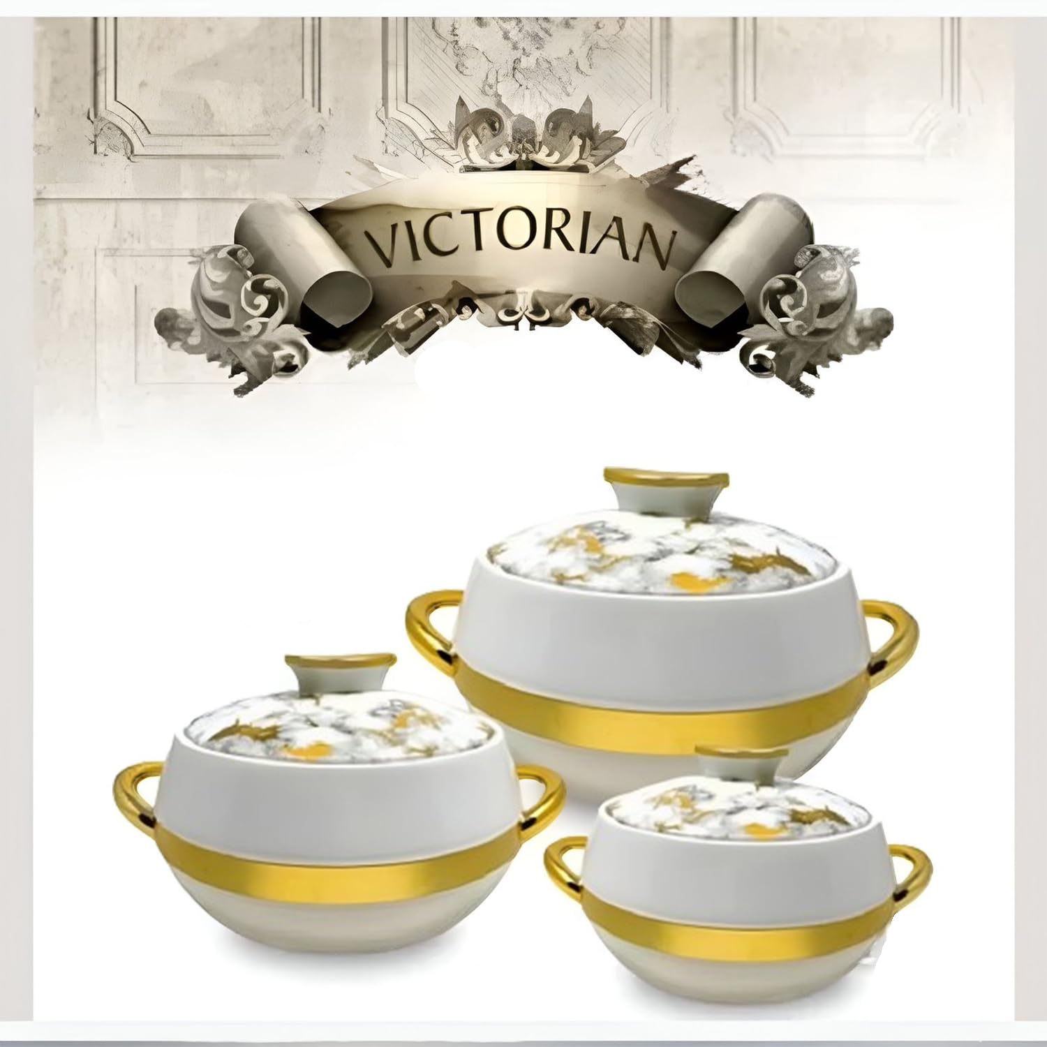 Kajal Küchen-Thermoschalen 3er-Set | Edelstahl Lebensmittelbehälter Wärmefunktion (1000 ml, 1500 ml, 2000 ml) | Isoliert, langlebig, stylisch, weiß-gold