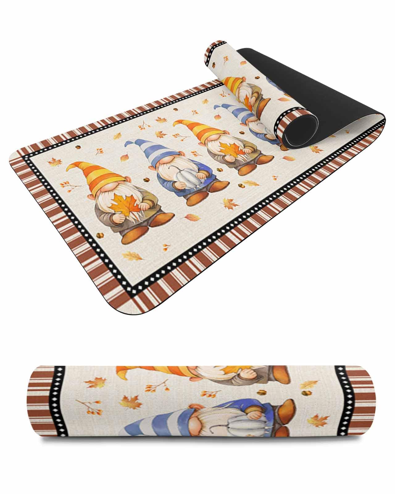 Debedcor Heat Proof Table Pads Waterproof Decorative, Fall Gnomes Non-Slip Table Countertop Protector, Autumn Pumpkin Maple Leaf Striped Insulation Mat for Dining Room, 48 x 12 Inches