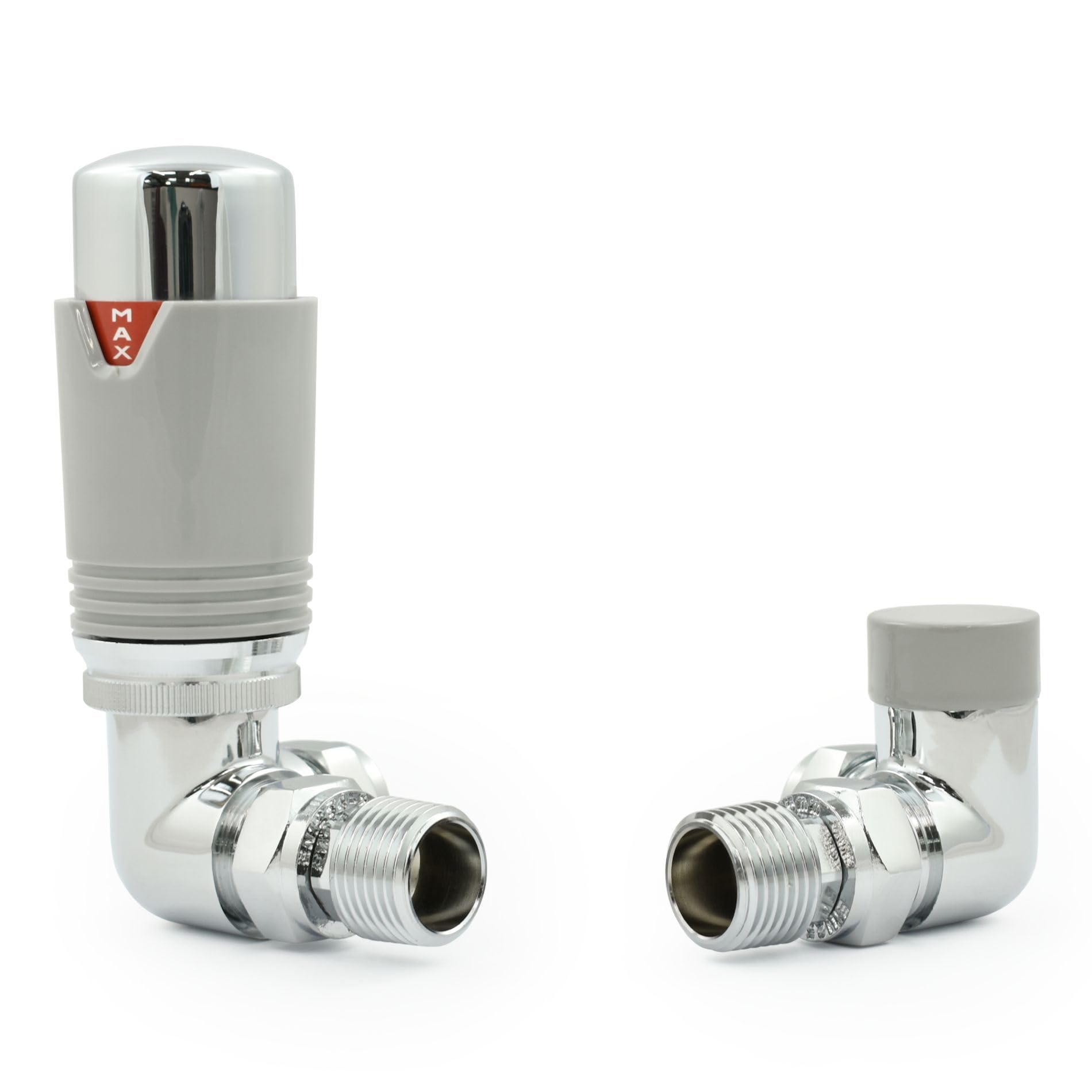 Hot Flow Chrome & Silver Estuary Corner TRV Thermostatic Radiator Valve (Pair) Includes Corner TRV Body, Wheel Head, Lock Shield. for Quick & Easy Temperature Control. โ image 1