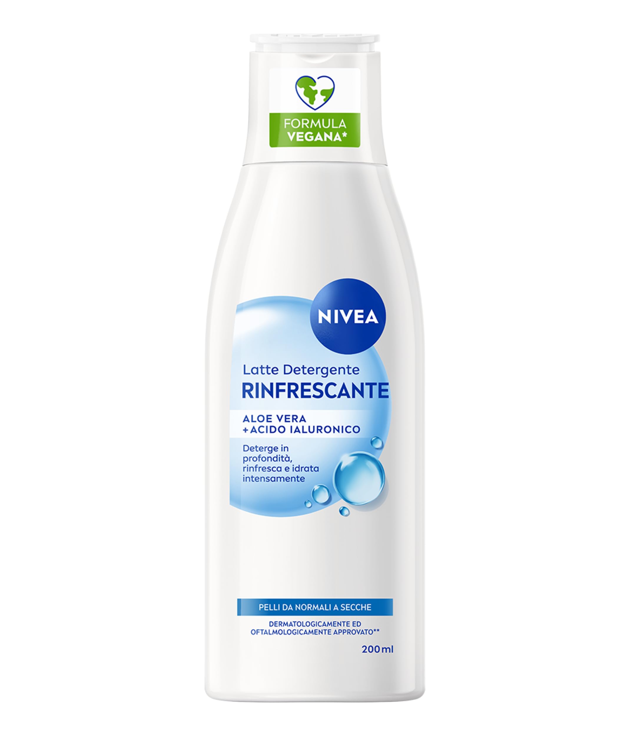 NIVEA Latte Detergente Rinfrescante 200 ml, Detergente viso idratante e lenitivo, Cleanser struccante con Aloe Vera e Acido Ialuronico, Rimuove trucco waterproof, Skincare per pelle da normale a secca