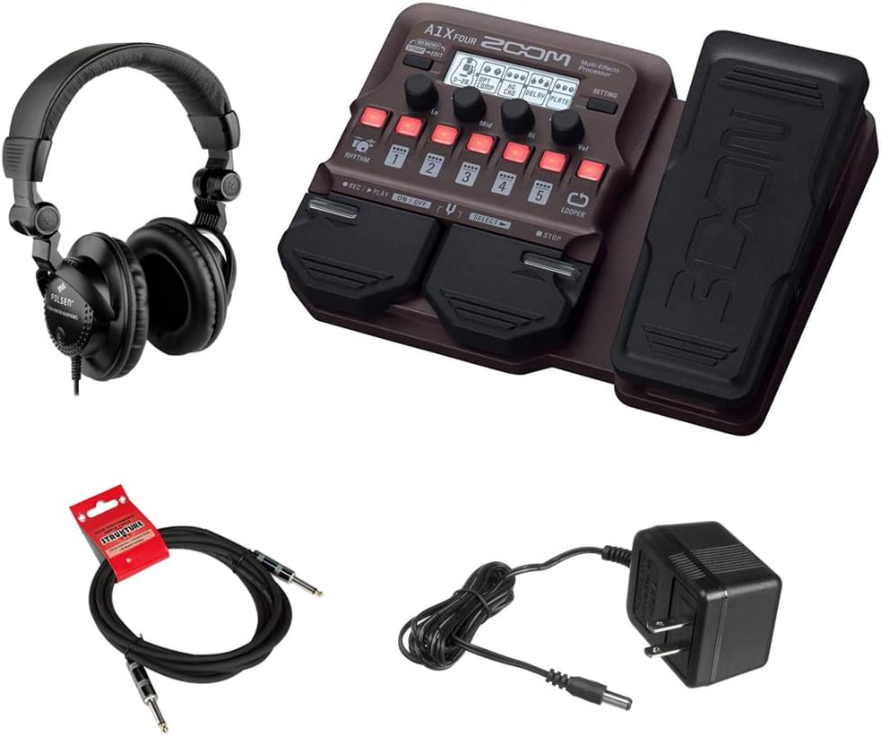 Zoom A1X Four Acoustic Instrument Multi-Effect Processor with Polsen HPC-A30 Monitor Headphones, 9V Power Adapter & 10ft Instrument Cable Bundle
