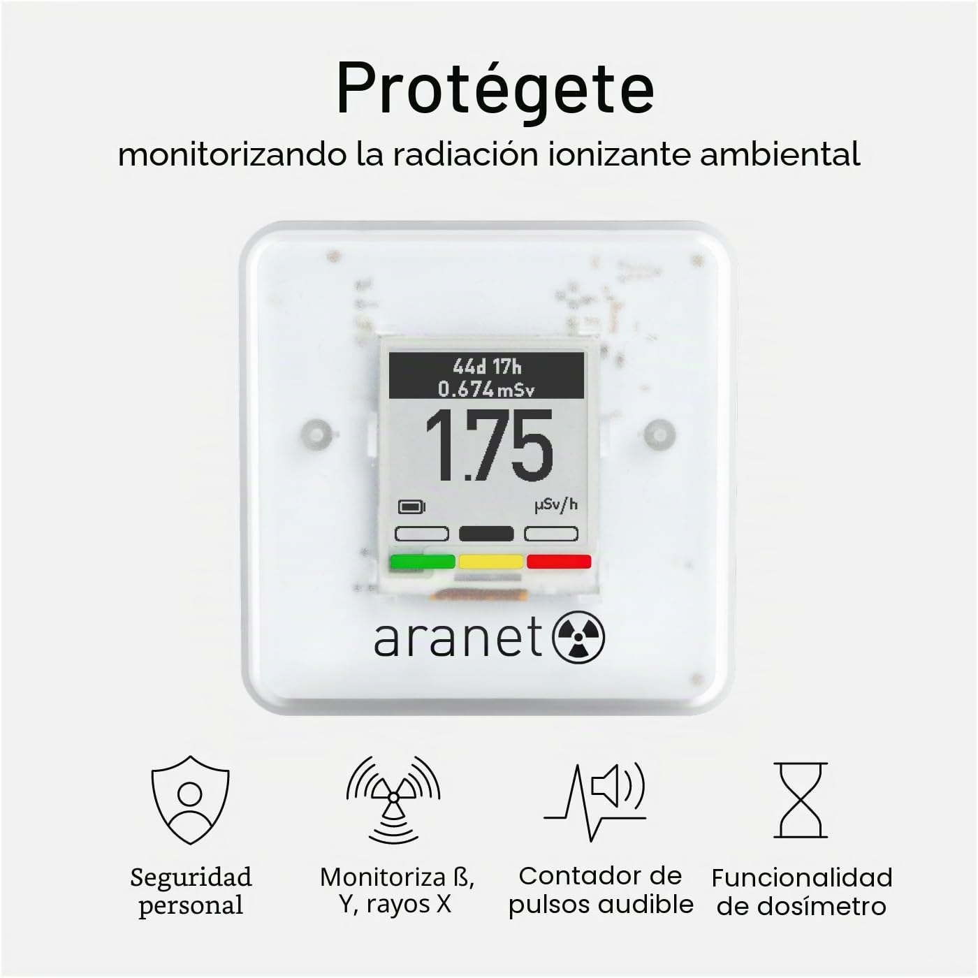 SAF Aranet Detector de radiación, dosímetro, portátil, mide la tasa de dosis y la dosis total de radiación ionizante, visualización de tinta electrónica, duración de batería de 4 años, conexión
