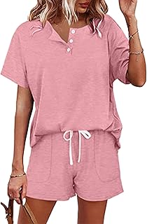 2025 - Pantalones cortos para mujer, color sólido, manga corta, casual, conjunto de botones, cordón, atar, ropa deportiva, conjunto de traje de mujer elegante