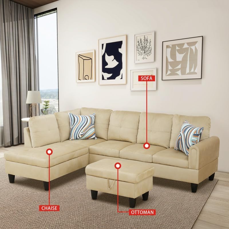 Beige Flannel Living Room Sofa Ottoman for Home Office Bedroom Living Room, Strong Bearing Capacity Sofa Small Sofa Setee