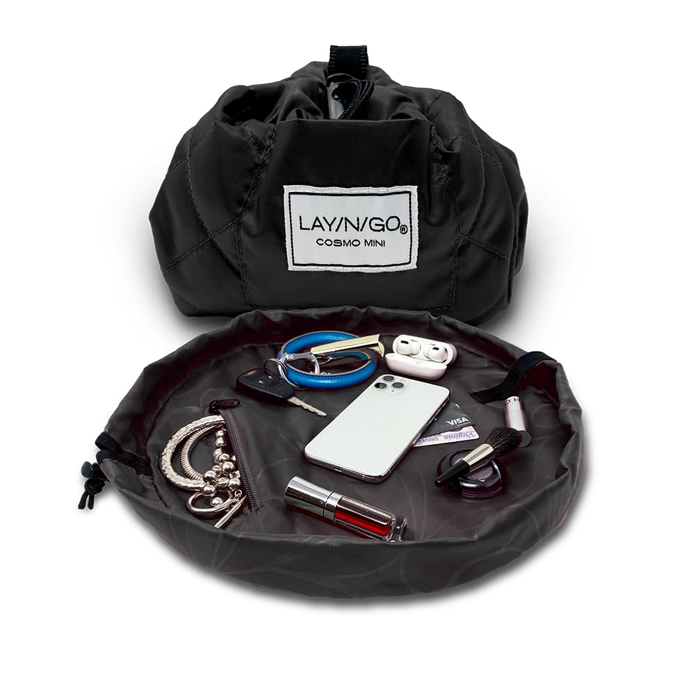 Lay-n-Go Drawstring Mini Makeup Bag – Black - 16 inch - Travel Cosmetic Bag, Scrunch Sac Makeup Bag Opens Flat for Easy Access, Makeup Pouch, Durable and Stylish, Black, 16 Inch