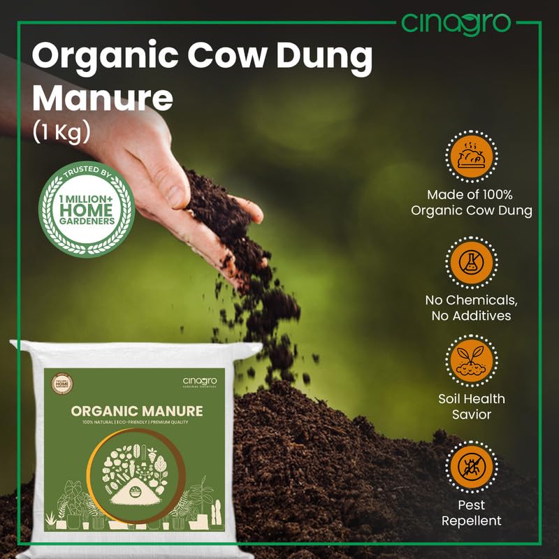Image of Cinagro Organic Manure for Plants (1 Kg), 100% Natural Cow Dung Fertilizer, Fine Powder Compost, Soil Enricher for Home & Garden, Boosts Growth, Fixes Nitrogen, Releases Phosphorus & Potassium