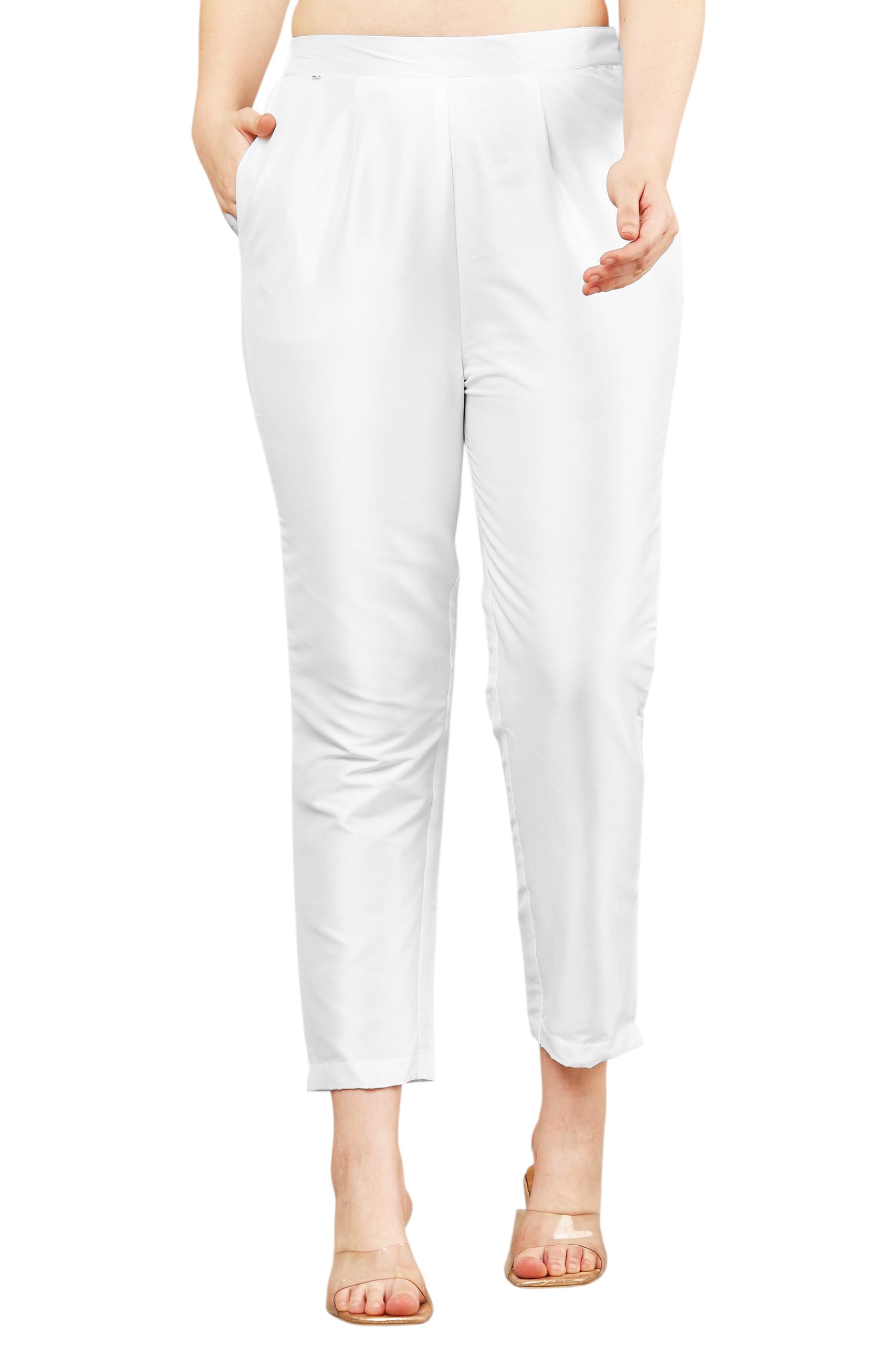 Women's White Ankle Length Taffeta Silk Trouser Pants with Elastic Waist and Pockets-picture-59