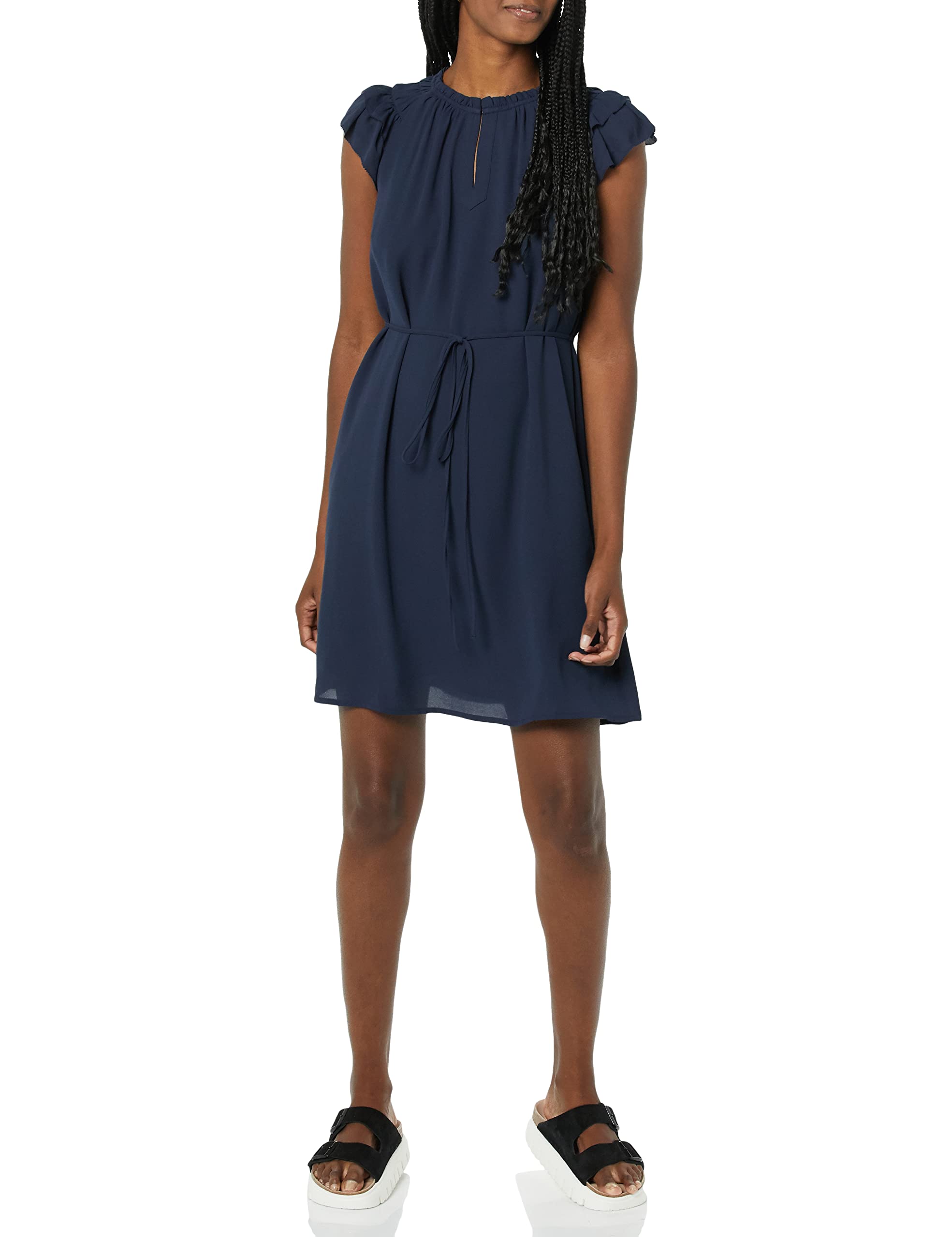 Amazon Essentials Women's Relaxed Fit Lightweight Georgette Split Neck Flutter Sleeve Shift Dress, Navy, X-Small