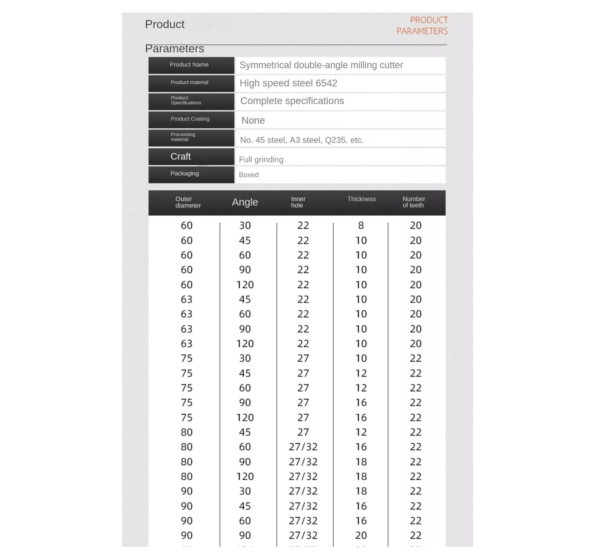 Fresa de doble ángulo simétrica HSS W6542, herramienta de fresado de ranura en V(63X45 degrees)