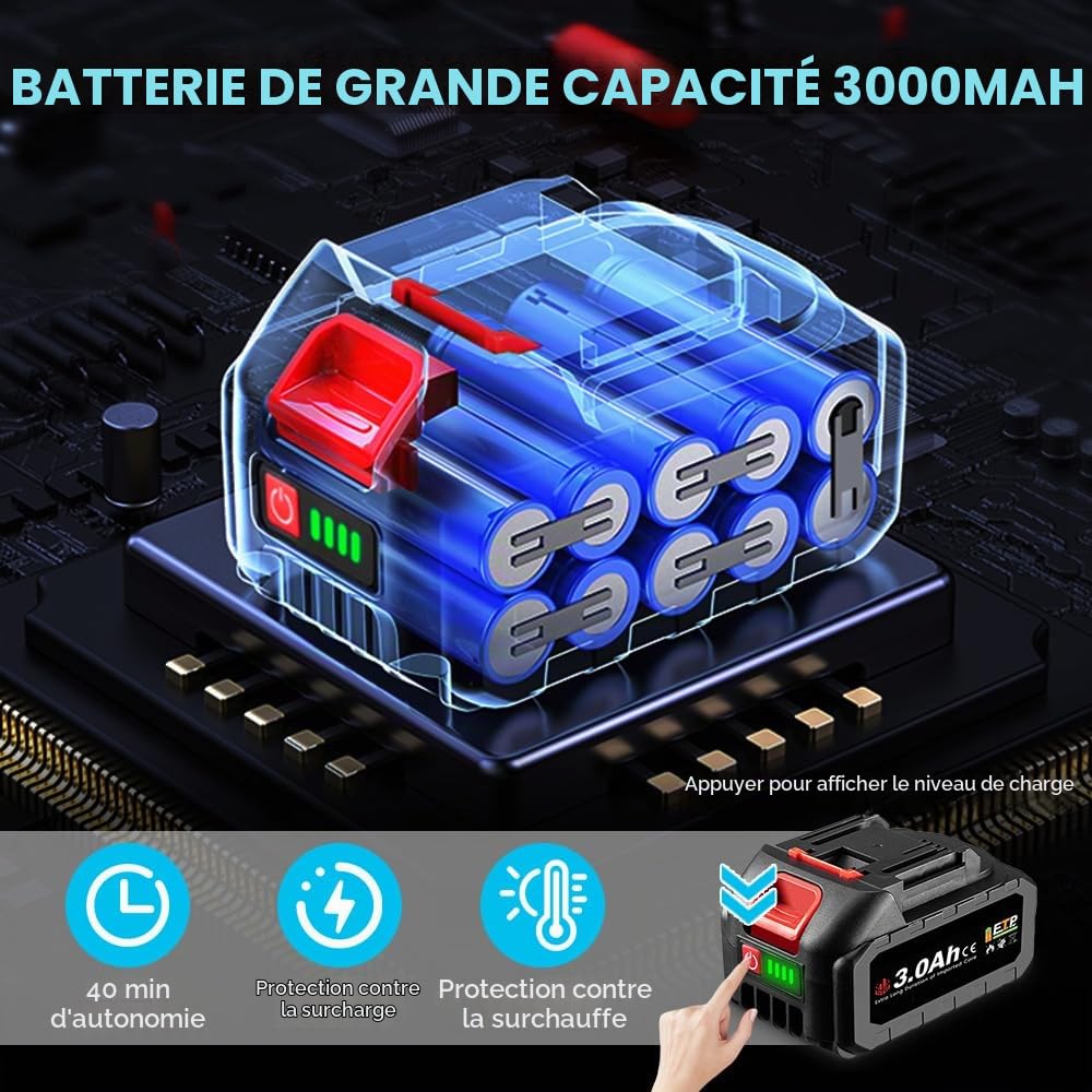 ONEVAN Ponceuse Excentrique Sans Fil 125mm avec 2 Batteries & 5 Papiers | 3 Vitesses 8000-12000 tr/min, Ponçage Rapide, Aspiration Efficace avec Sac, Pour le Ponçage du Bois, Métal et Vernis
