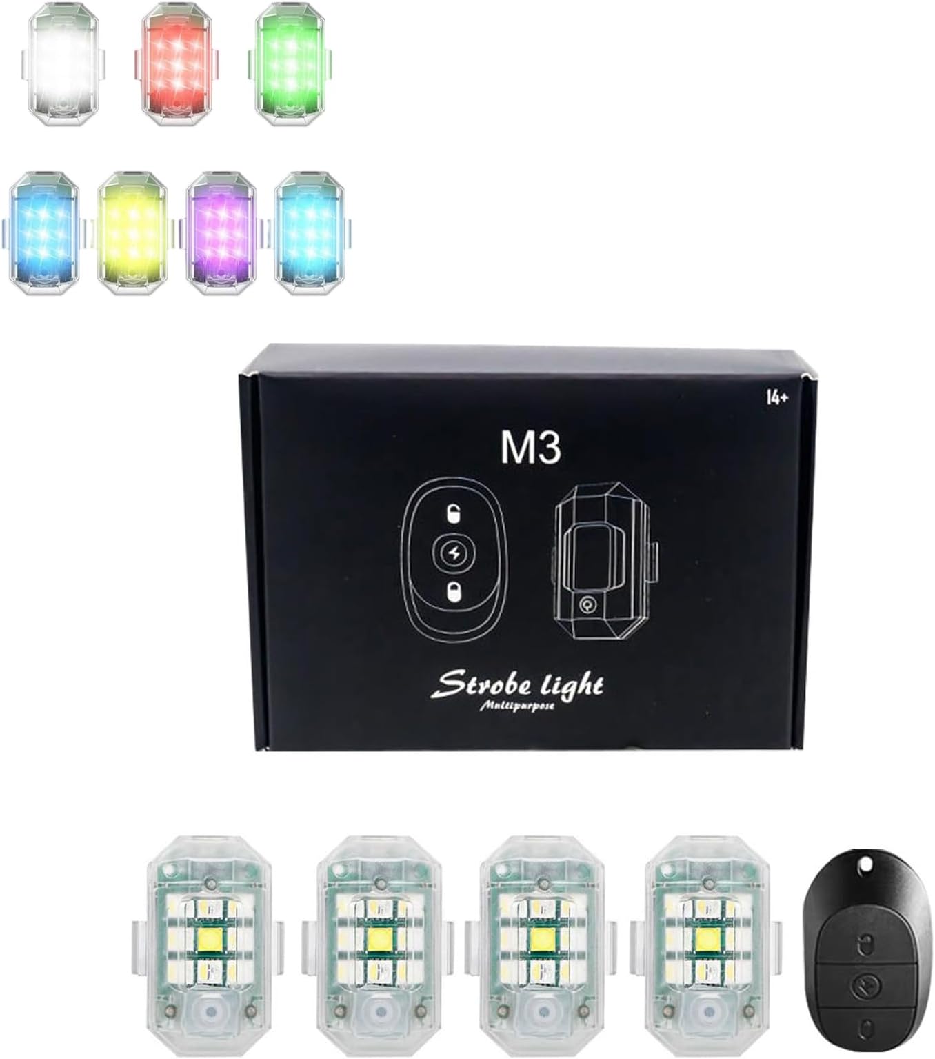 Wireless LED Strobe Lights with Remote Control,RGB Emergency Warning Lights,USB Rechargeable,7-Color High Brightness Waterproof Anti-Collision Warning Lights for Car, Motorcycle, Drone (4pcs+Remote)