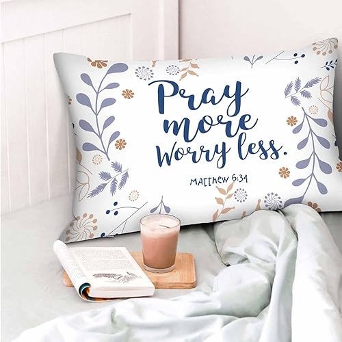 Miniatura 6 de Mugod Funda de almohada floral con frase bíblica, oración más preocupada menos, funda de cojín lumbar para la cintura, sofá, rectangular, decorativa