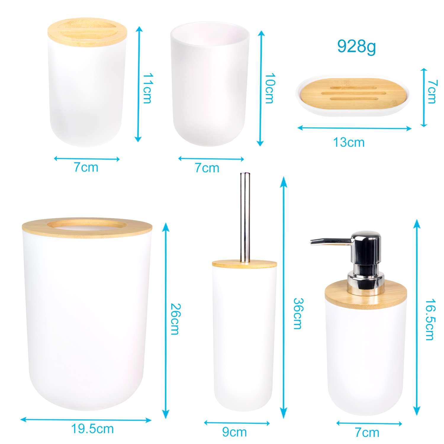 Intirilife set di accessori per il bagno in bambù e plastica in bianco - set da 6 pezzi tumbler per spazzolino da denti tumbler per portasapone dispenser per sapone spazzolino da bagno con supporto