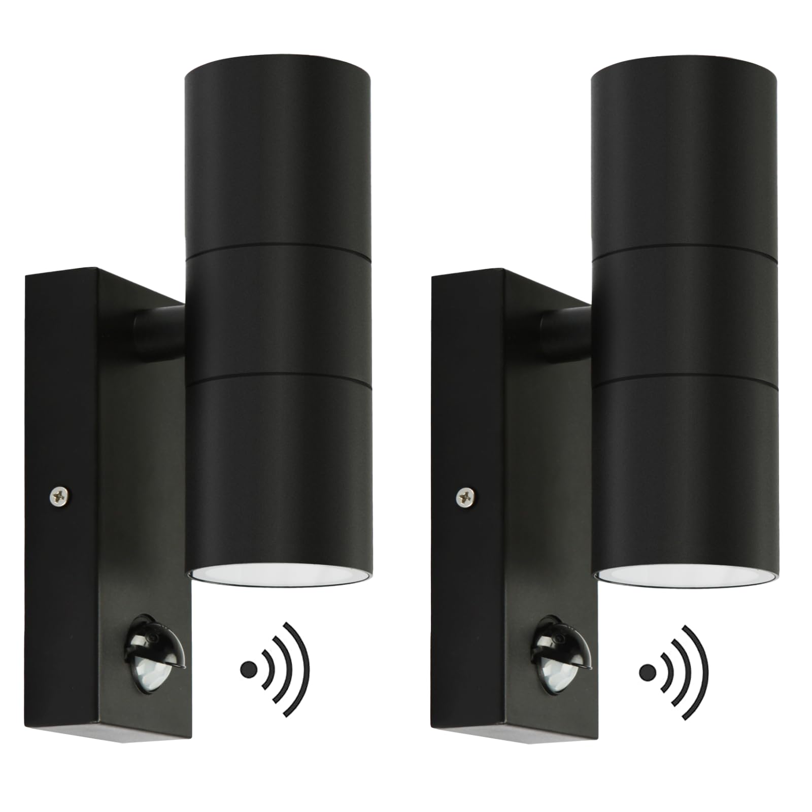 Kerry Outdoor Wall Lights, Up and Down Lamp with Motion Sensor, IP44 Black Stainless Steel Outside Lighting Mains Powered Fixtures, PIR Detector External Wall Sconce for Front Door, Porch - 2 Pack