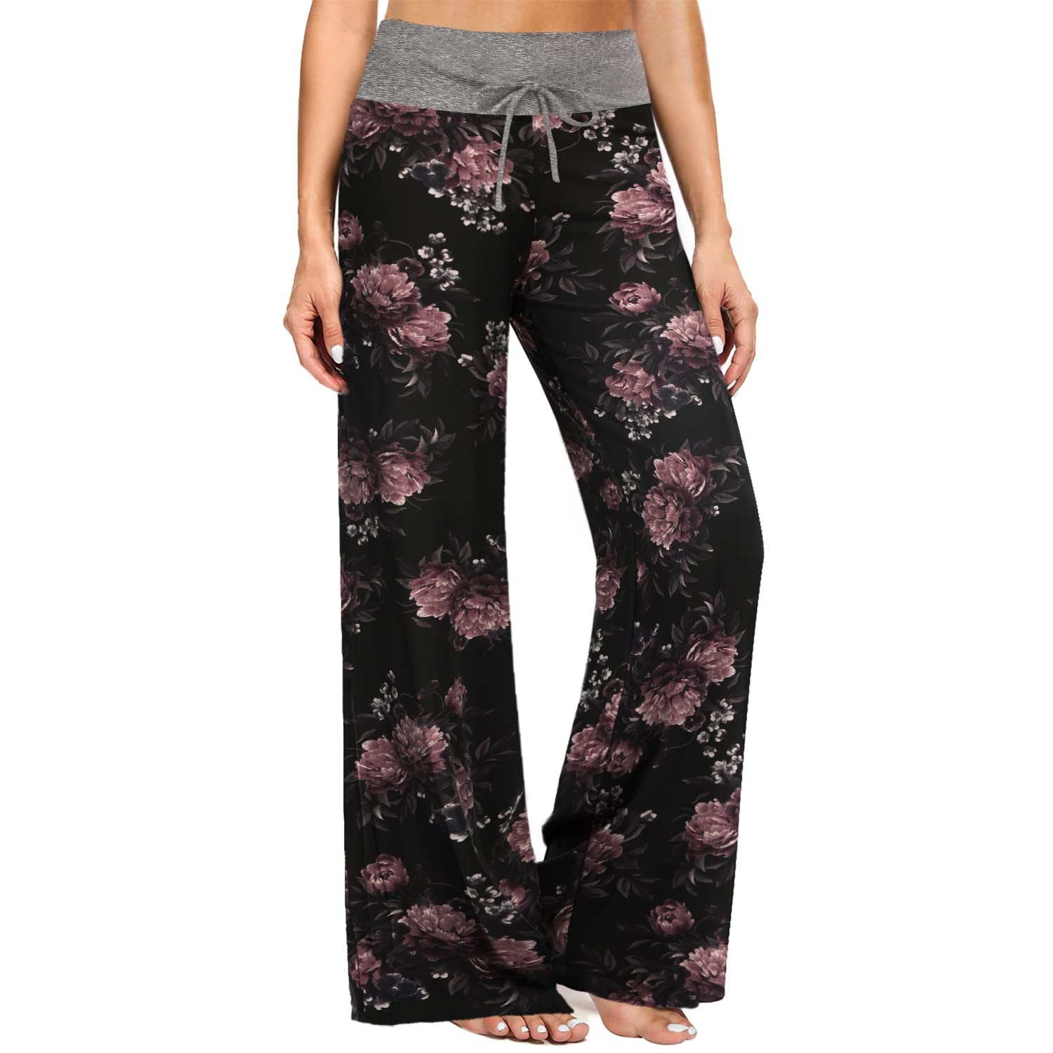 ZOOSIXXButtery Soft Pajama Pants for Women – Floral Print Drawstring Casual Palazzo Lounge Pants Wide Leg for All Seasons (Large, Purple Flower)