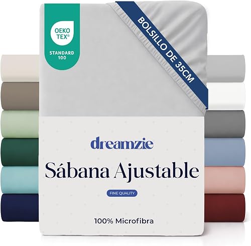 Dreamzie - Sábana Bajera 200x200cm Ajustable - Microfibra Ultra Suave | Gris · Para Colchones de hasta 35cm · Certificado OEKO-TEX · Ropa de Cama · Transpirable · Fácil de Lavar · Elásticas