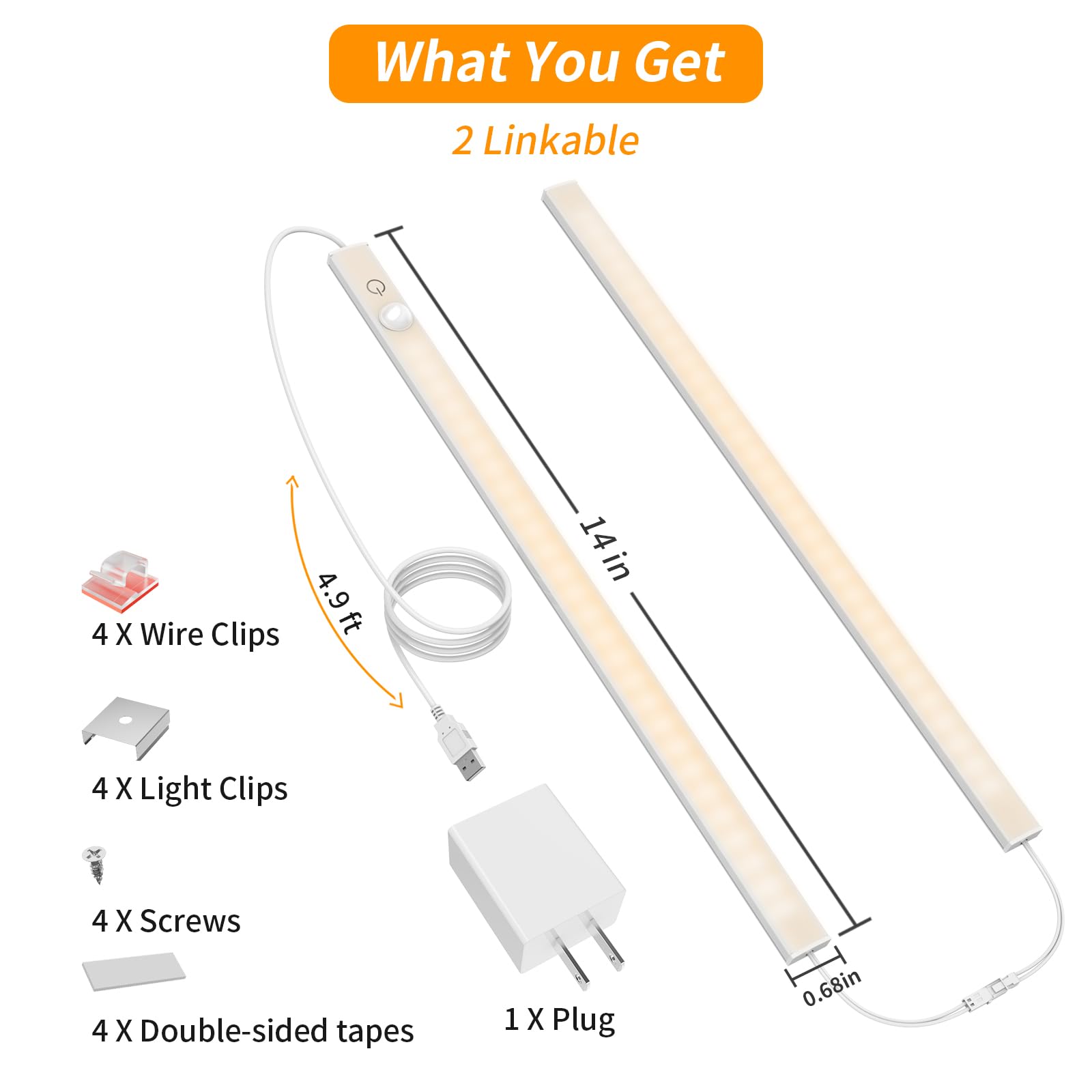 Luce LED con sensore di movimento da 35,6 cm, sottile, USB plug-in per interni, luminosa e dimmerabile, 3 modalità (on/notte/giorno) per cucina, armadio, armadio - 3000 K bianco caldo, 1