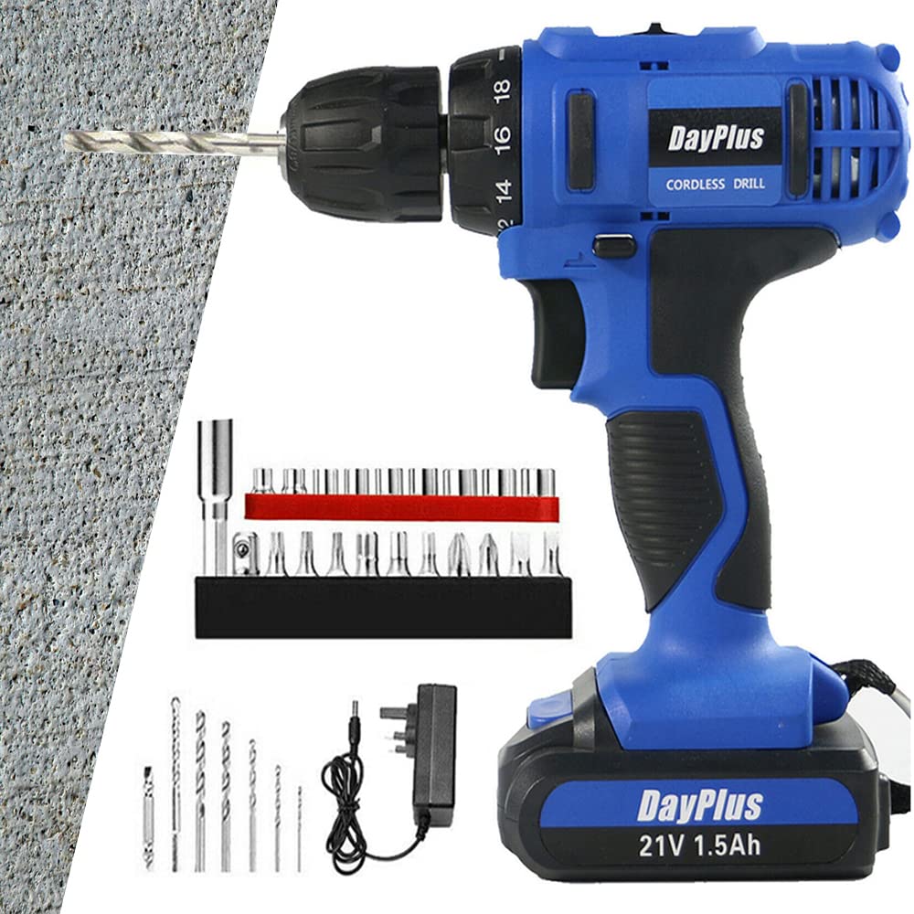 Siky Blue Cordless Drill 21V Compact Cordless Electric Drill Kit 1500Mah Li-Ion Battery 2-Speed 18+1 Torque Setting Speed Control/Forward/Reverse Switching Driver With Led Light, Screwdriver, Drill Bits, Carry Box