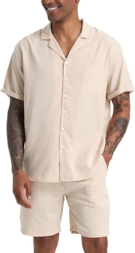 Miniatura 2 de RPOVIG Conjunto de 2 piezas de camisa de lino para hombre, conjunto de 2 piezas con botones, ropa casual de verano, ropa de vacaciones