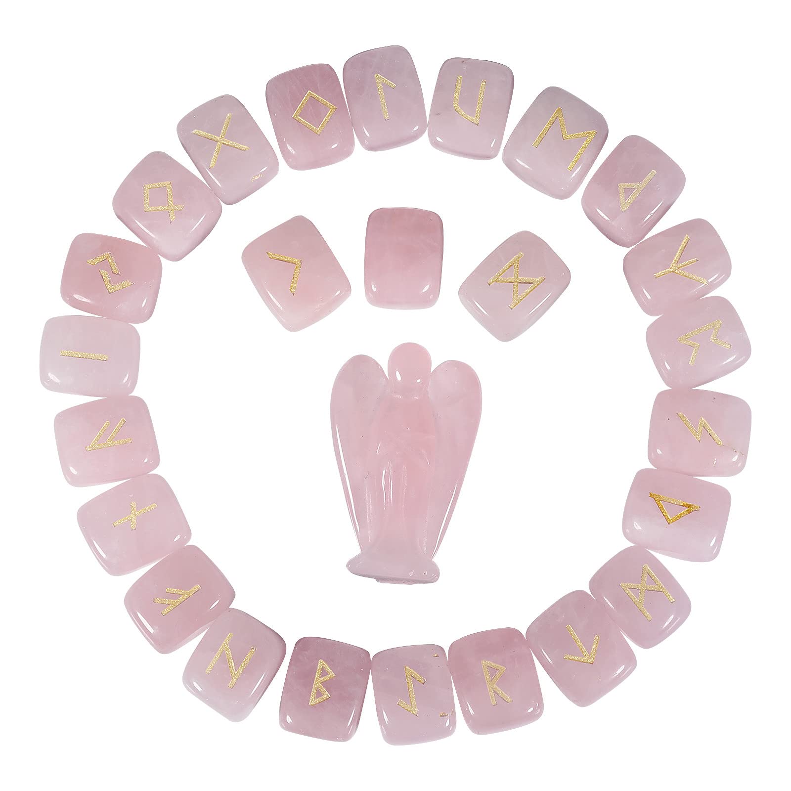 Runes quartz rose et ange gardien en pierres naturelles polies