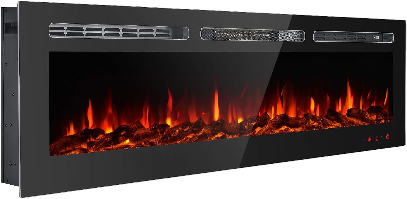 60 Inches Recessed Electric Fireplace Wall Mounted in-Wall Built Heater Log Set & Crystal, 9 Changeable Colors, with Remote, 1500 Fireplace, Black