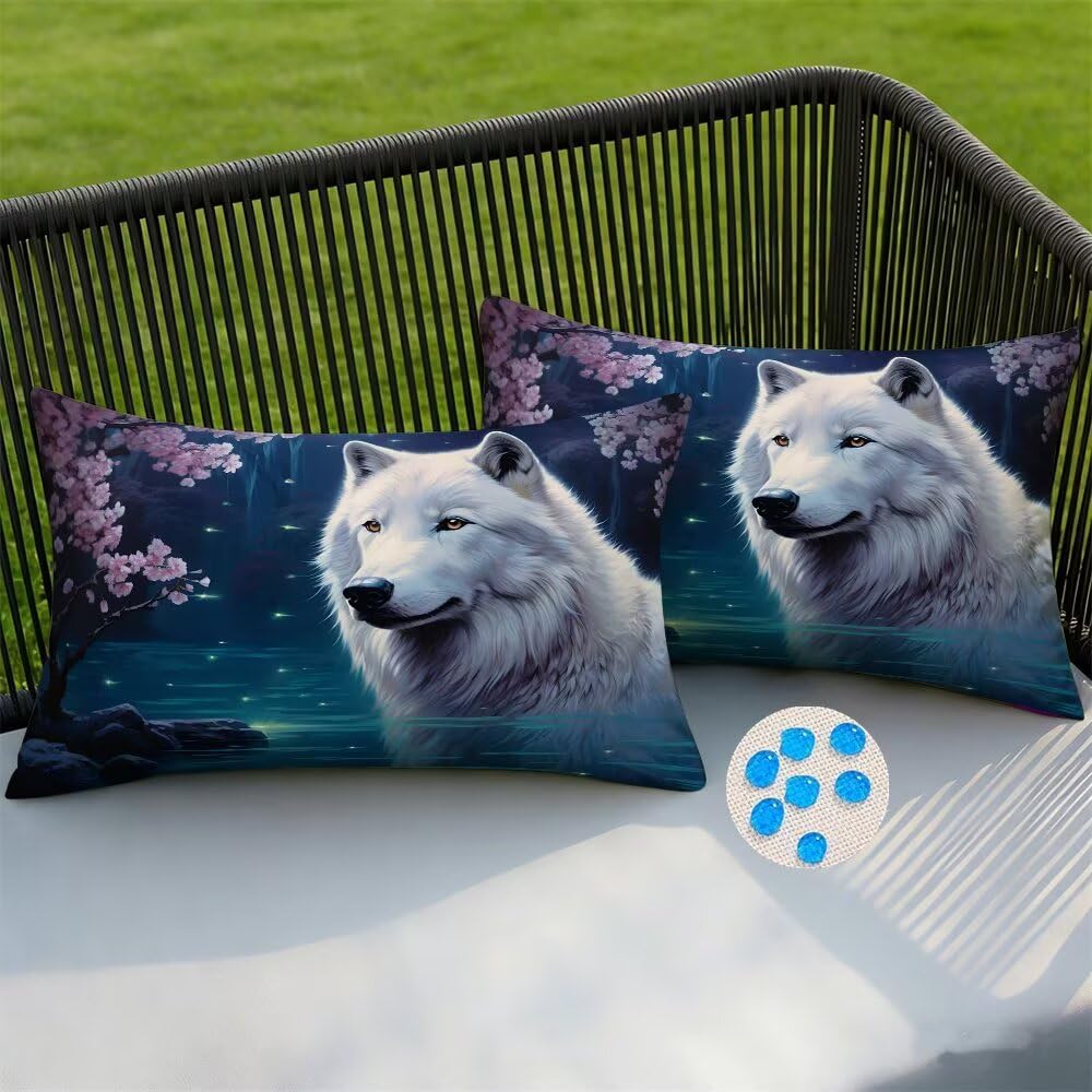Outdoor Cushion Covers 30 x 50 cm Wolf Garden Cushions Waterproof Cushion Cover 2 pack Decorative Pillows Cherry Blossoms Throw Pillow Case Cushions Covers for Patio Garden Sofa 12x20 Inch -SC397