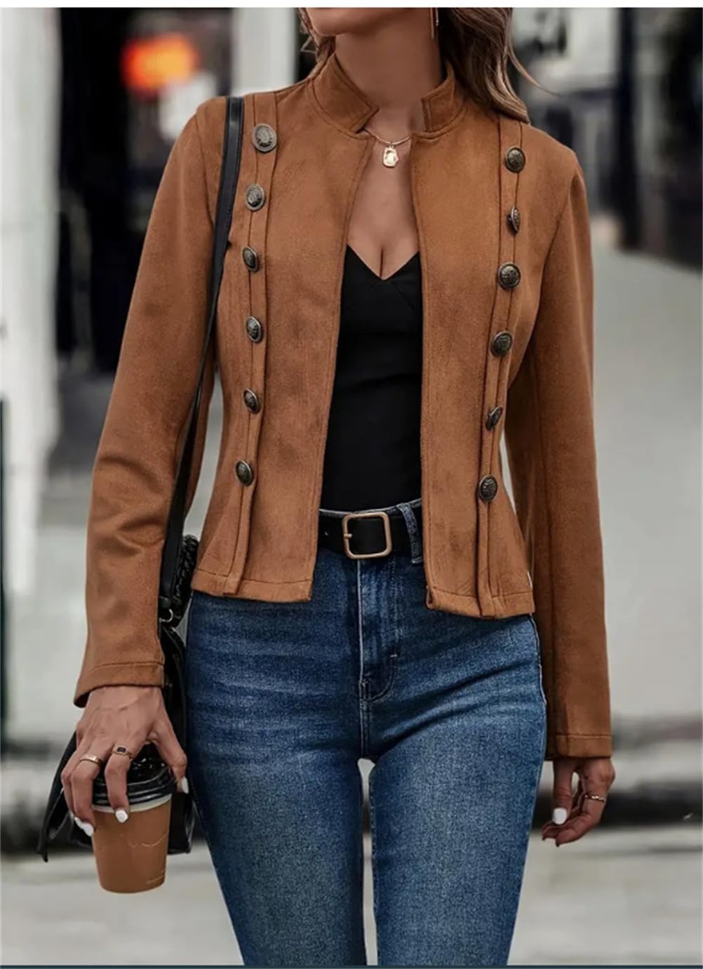 Damenjacke aus Wildlederimitat, vorne offen, zweireihig, langärmelig, hellbraune Jacke für Damen