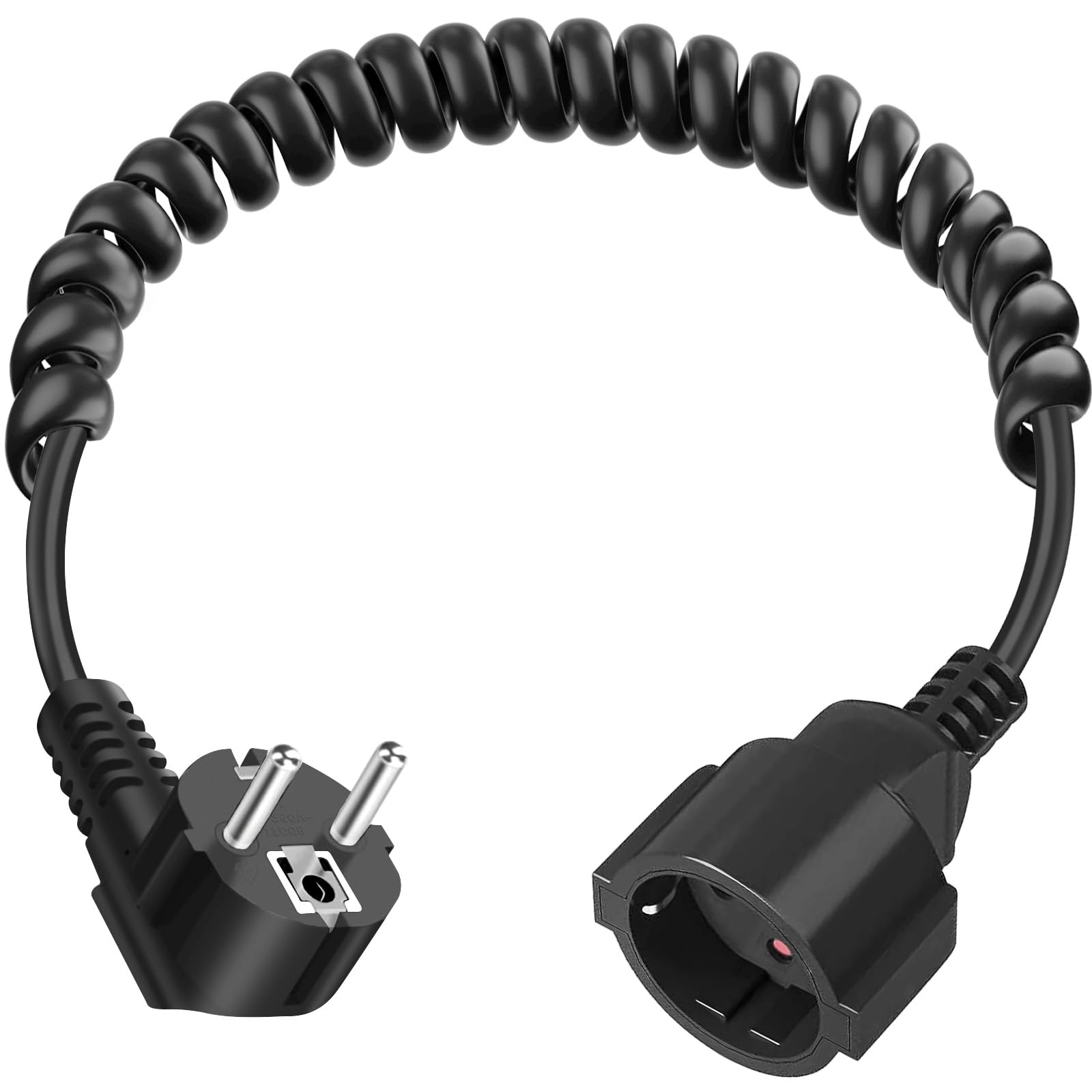 Schutzkontakt Verlängerung, Schutzkontakt Spiralkabel 3x1mm², 0,6m bis 2 m Max, IP20 Verlängerungskabel, Spiral Kabel mit Schuko Stecker, Kupplung für Zuhause, Büro, Außenbereich, Schwarz(230V/16 A)