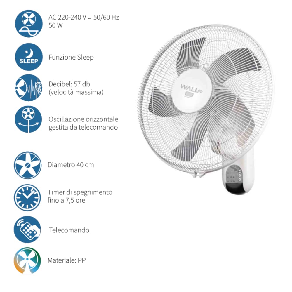 WALL 40 EV108 VENTILATORE A PARETE Ø40CM E TELECOMANDO FUNZIONE SLEEP CON OSCILLAZIONE