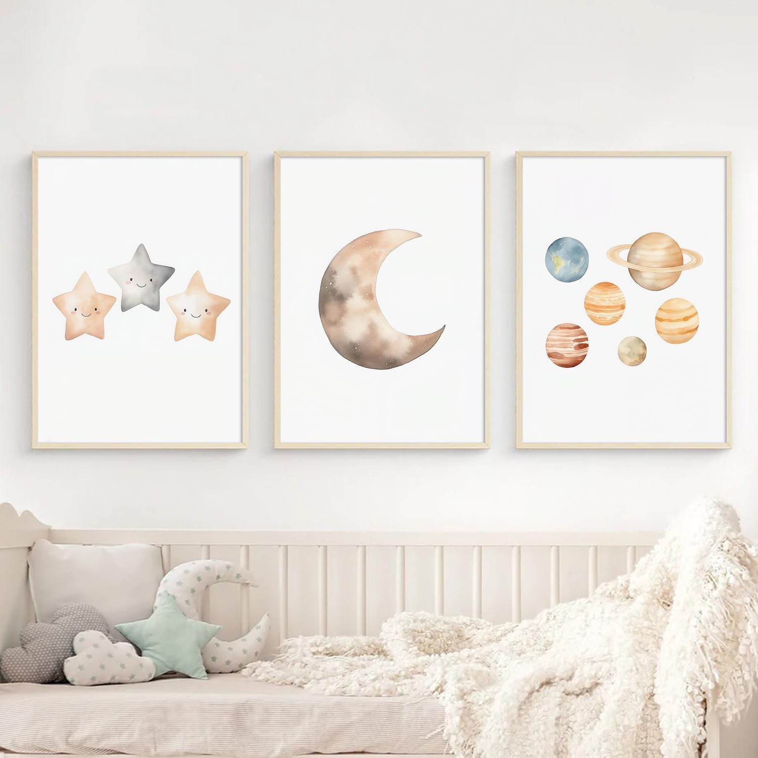 Boho Moon Stars and Planets Canvas Art Watercolors Painting Nursery Wall Art Posters Prints Pictures Baby Kids Room Decor 12x16 Inch Unframed