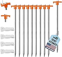 Eurmax 10-Pack Heavy Duty Galvanized Tent Stakes with 4x10ft Ropes & Orange Stopper - Rust-Proof Canopy Anchors for Camping