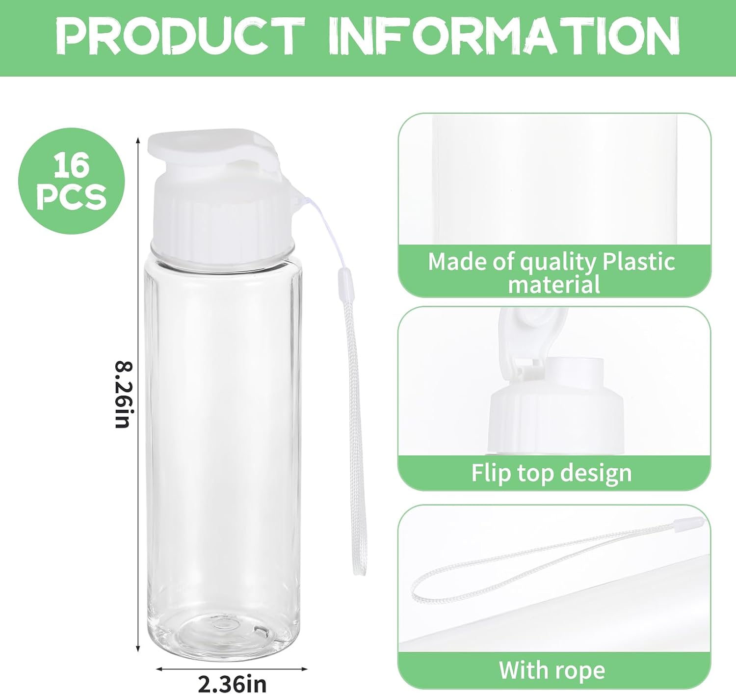 YEXEXINM 16 Pack Plastic Water Bottles Bulk 17oz Reusable Sports Water Bottles Lightweight Leakproof Drinking Cups with Flip-Top Lid & Carry Strap for Adults Gym Fitness Sports (White) image 2