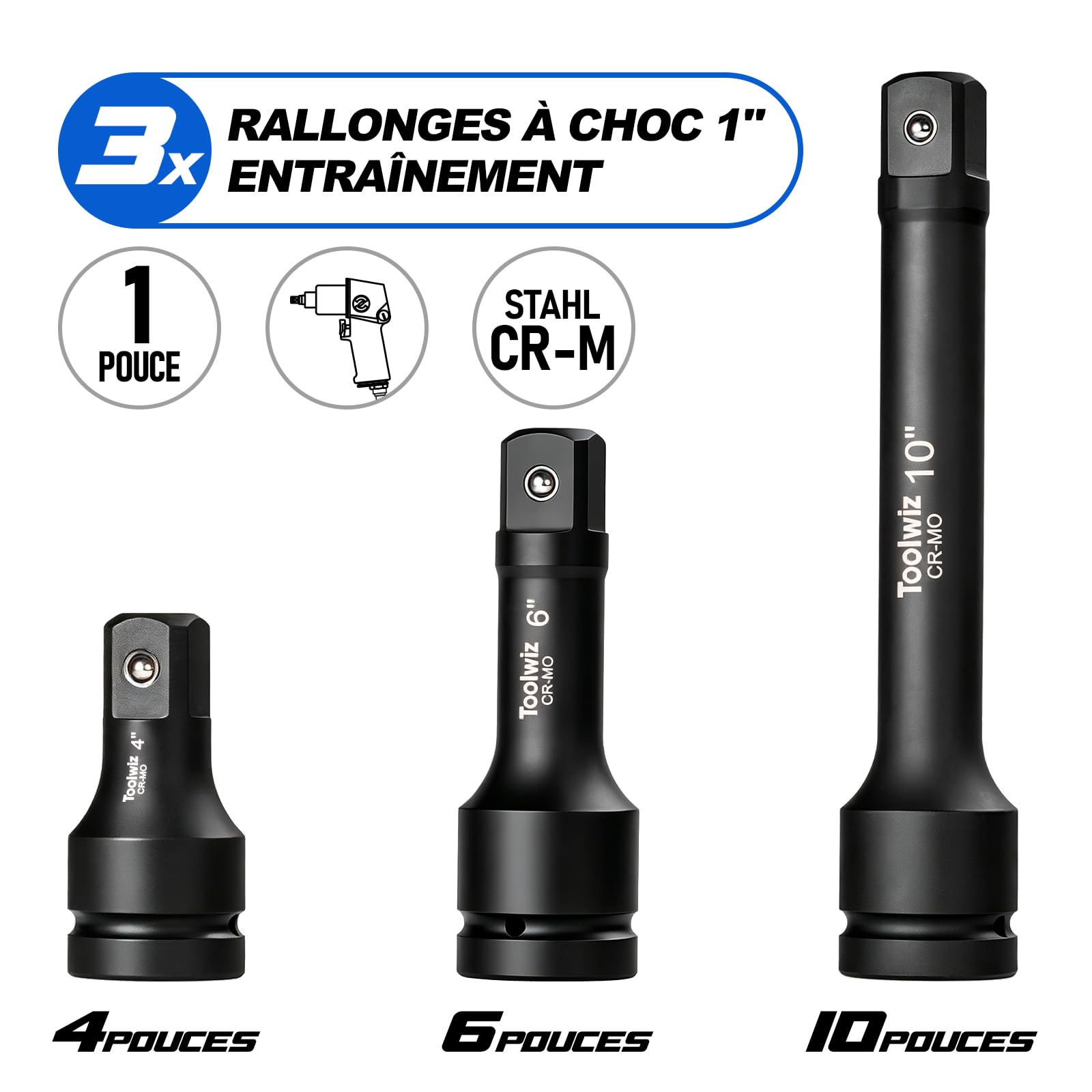 Toolwiz Jeu de Rallonges 1" pour Clé à Chocs 100mm, 150mm, 200mm, Cr-Mo | 3 Pièces, Compatible avec les Outils à Chocs Pneumatiques et Électriques, pour Réparation Mécanique, Boîte en PVC