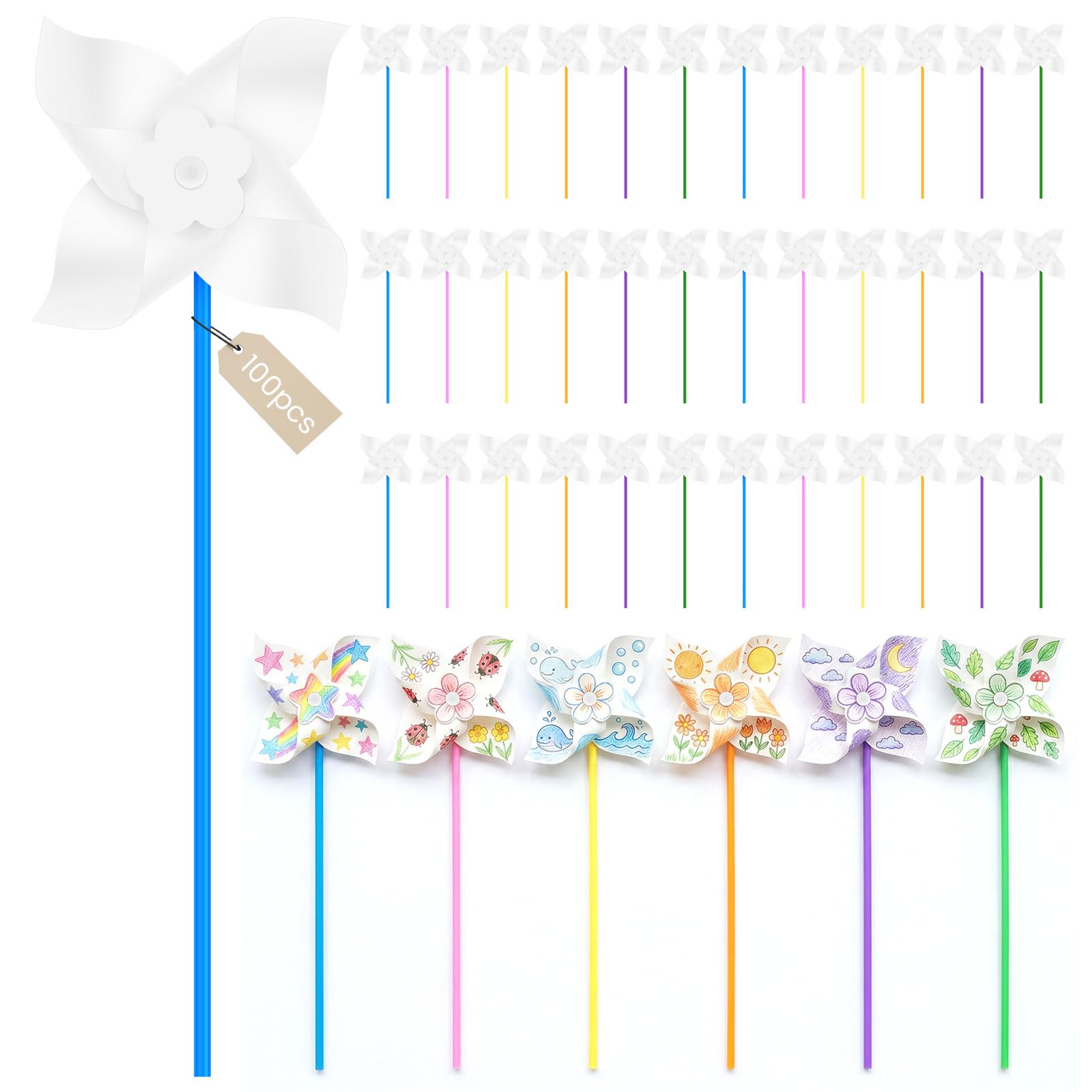 ZEJEXXB 100Pcs DIY Paper Pinwheels Craft Kit White Blank Windmill Spinners Bulk Color Your Own Windmills for Summer Party Favors School Classroom Art Activity Garden Lawn Decoration