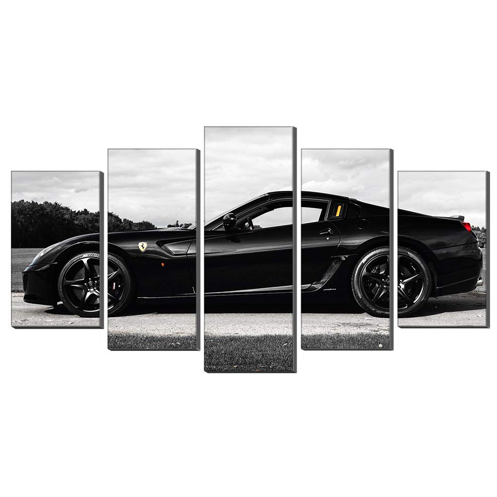 Toile Ferrari noire peinture murale en 5 pièces avec cadre pour décoration maison moderne