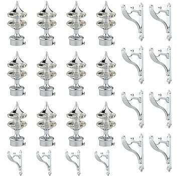 GLOXY ENTERPRISE Aluminium Double Diamond Curtain Brackets Parda Holders with Support Fittings 1 Inch Rod Pocket Finials Designer Door and Window (Silver 6 Pair)