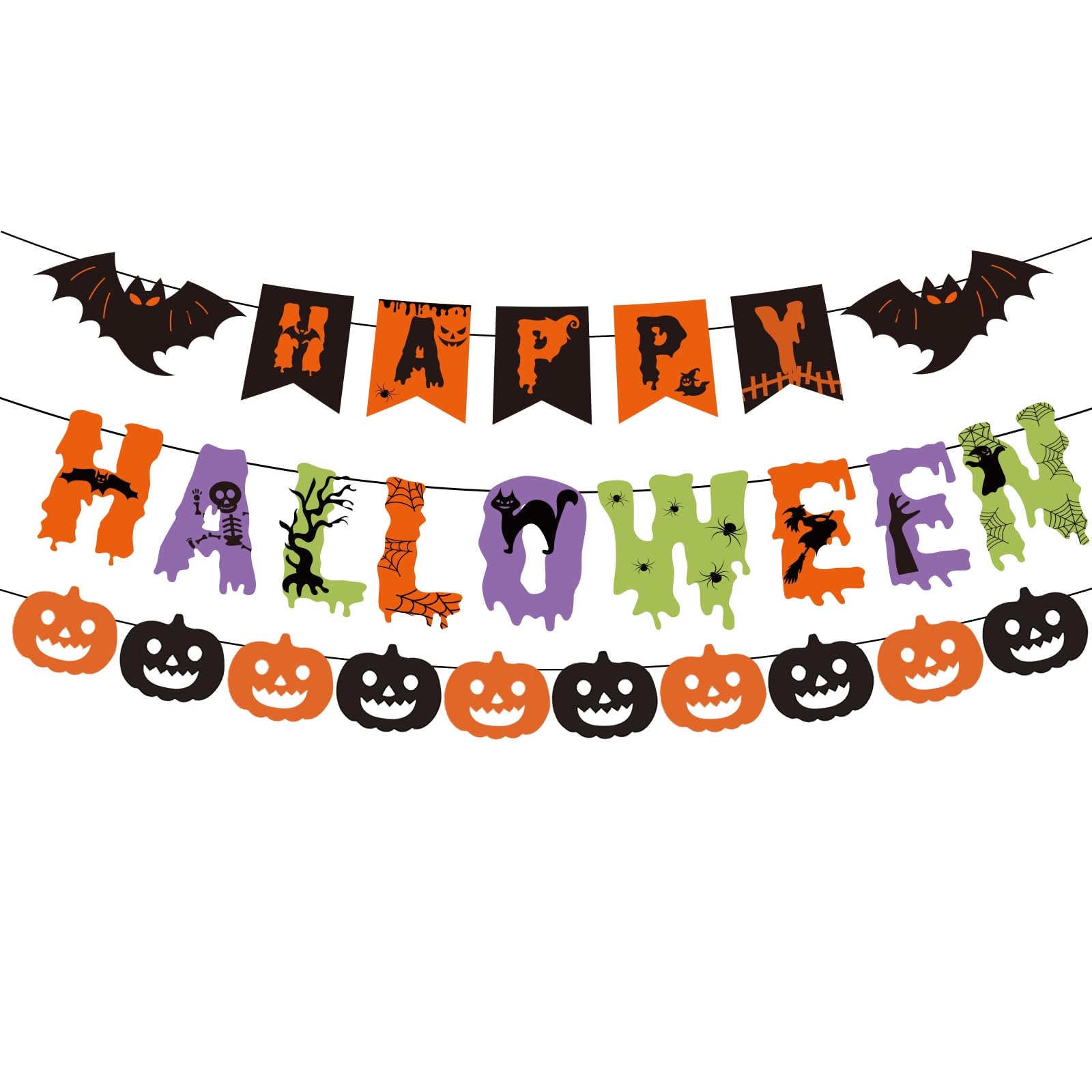 Happy Halloween Party Banner Decorations - Pumpkin Bat Bunting 3 PCS — image 1
