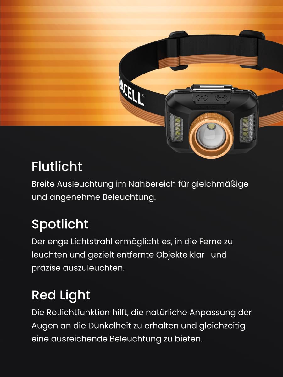 Duracell Lampada frontale a LED DH850R Pro – 850 lumen, focalizzabile, 50 m, funzione luce rossa, DualPower, USB-C ricaricabile, batteria al litio, diverse modalità di illuminazione, confezione regalo