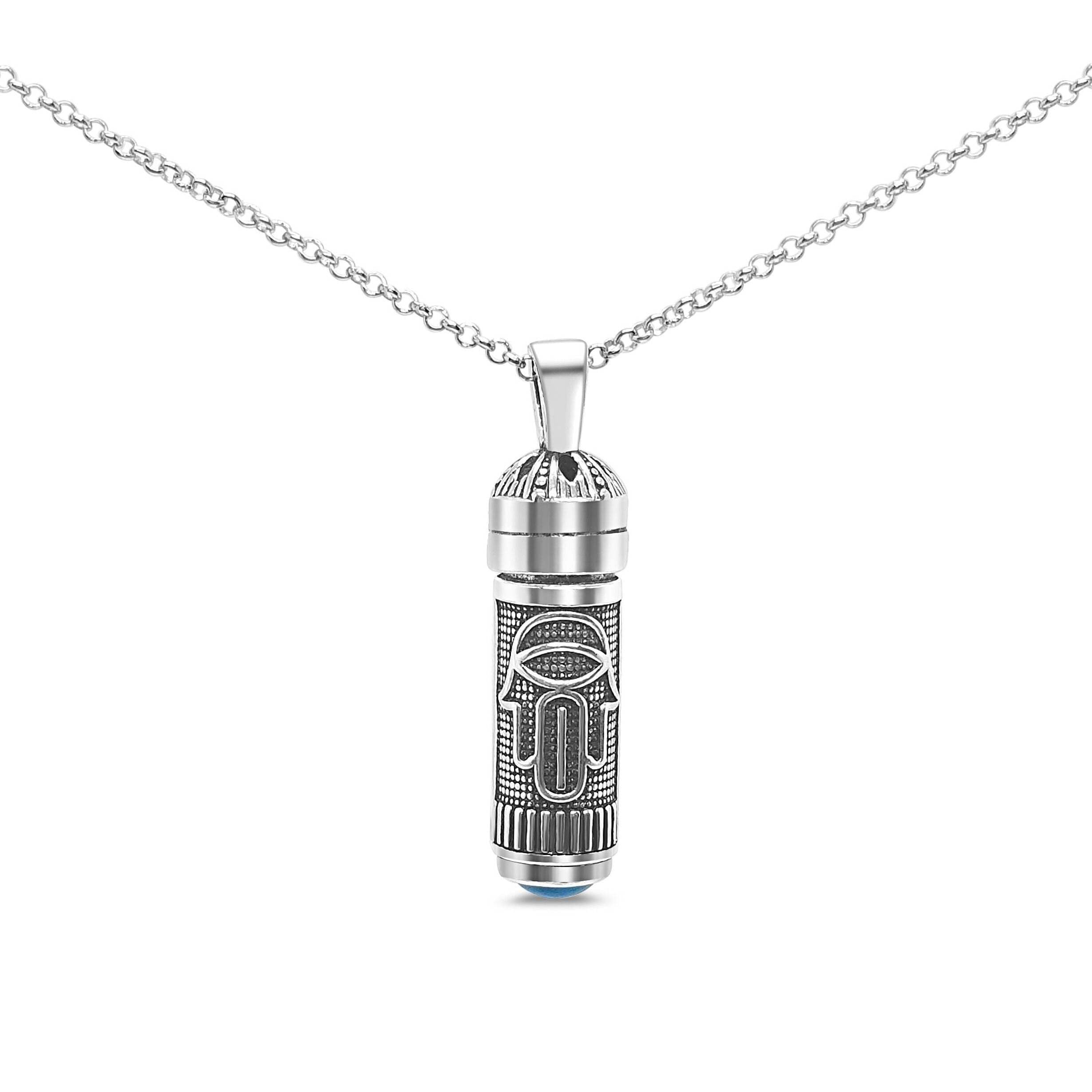 Sterling Silver Mezuzah Necklace - Turquoise Accent - Twist-Lock Pendant - Adjustable Chain - Unisex Jewish Gift