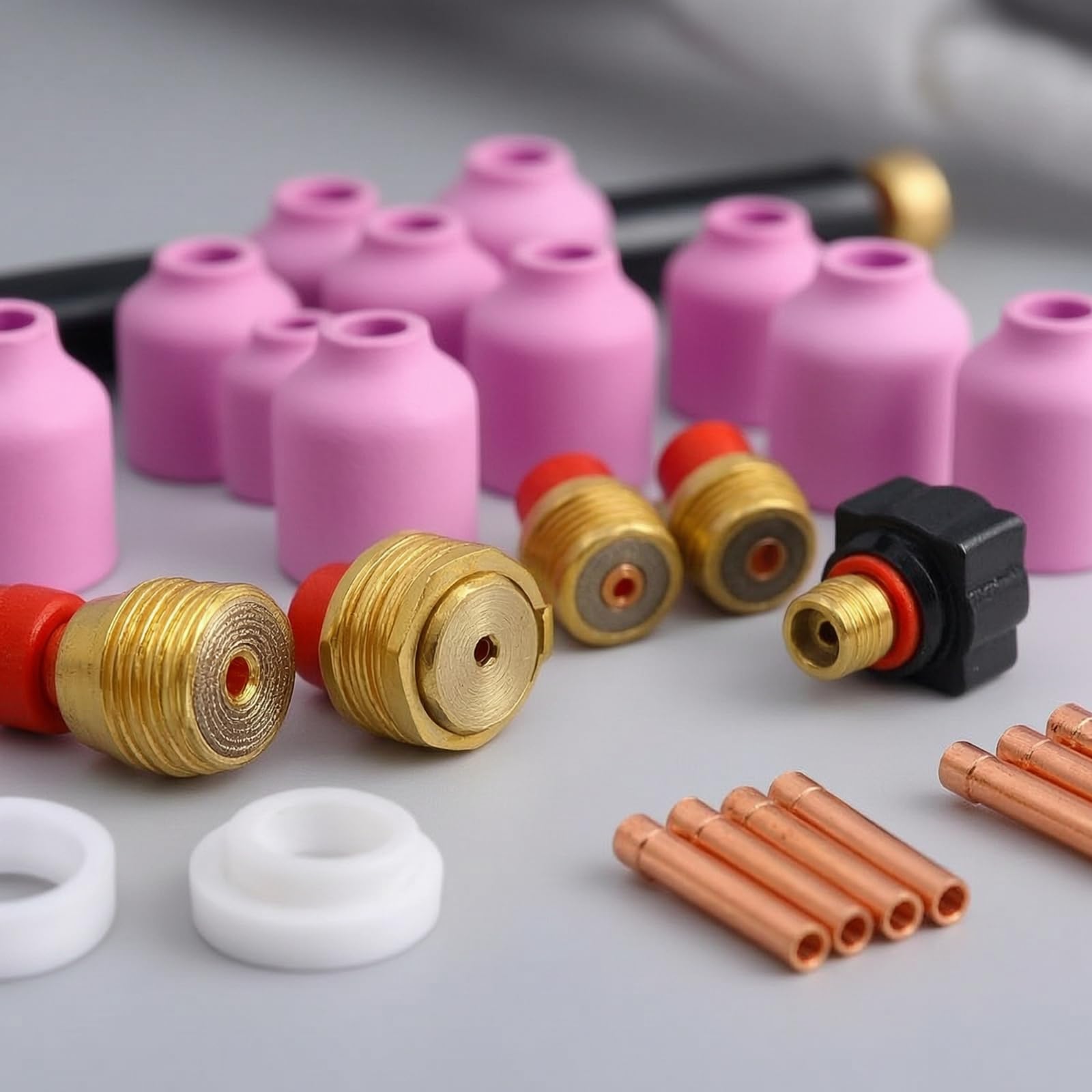 Kit Consumabili Tig Set 58 Pezzi Parti Ricambio Ugelli Lenti Gas Pinze Componenti in Ceramica Rame Plastica Compatibile con WP9 WP25 Adatto per Riparazioni Officine Laboratorio