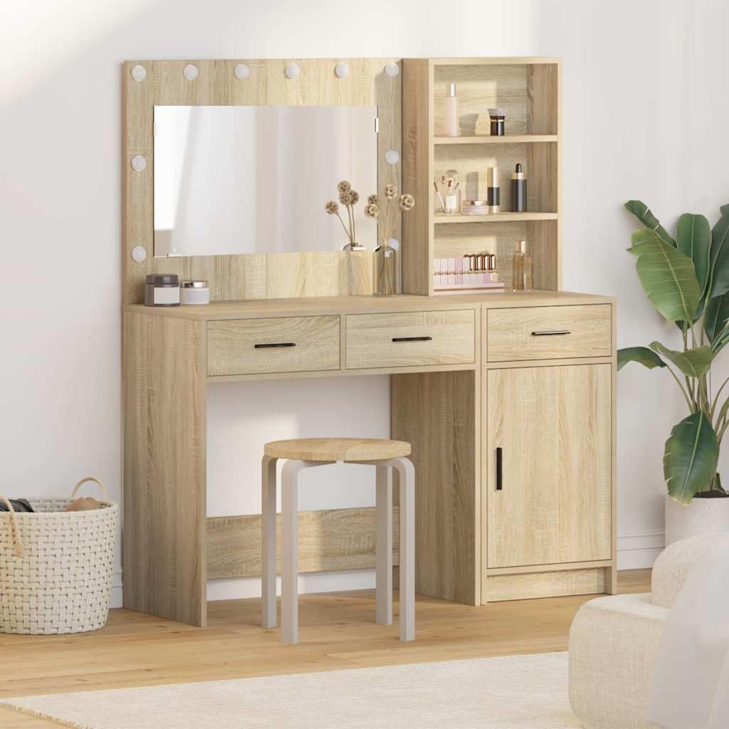 Tavolo da trucco in legno multistrato marrone con specchiera e luce LED, scrivania con cassetti e portaoggetti, mobiletto consolle salvaspazio per camera da letto