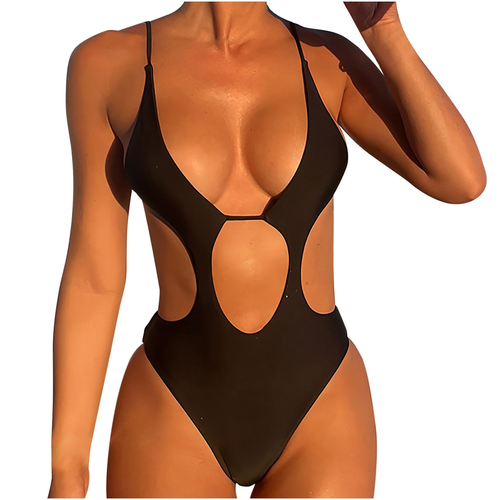 XUNRYAN Sexy Cut Out One Piece Swimsuit Women Bathing Suit Cross Back Tie Deep V Neck Ruched High