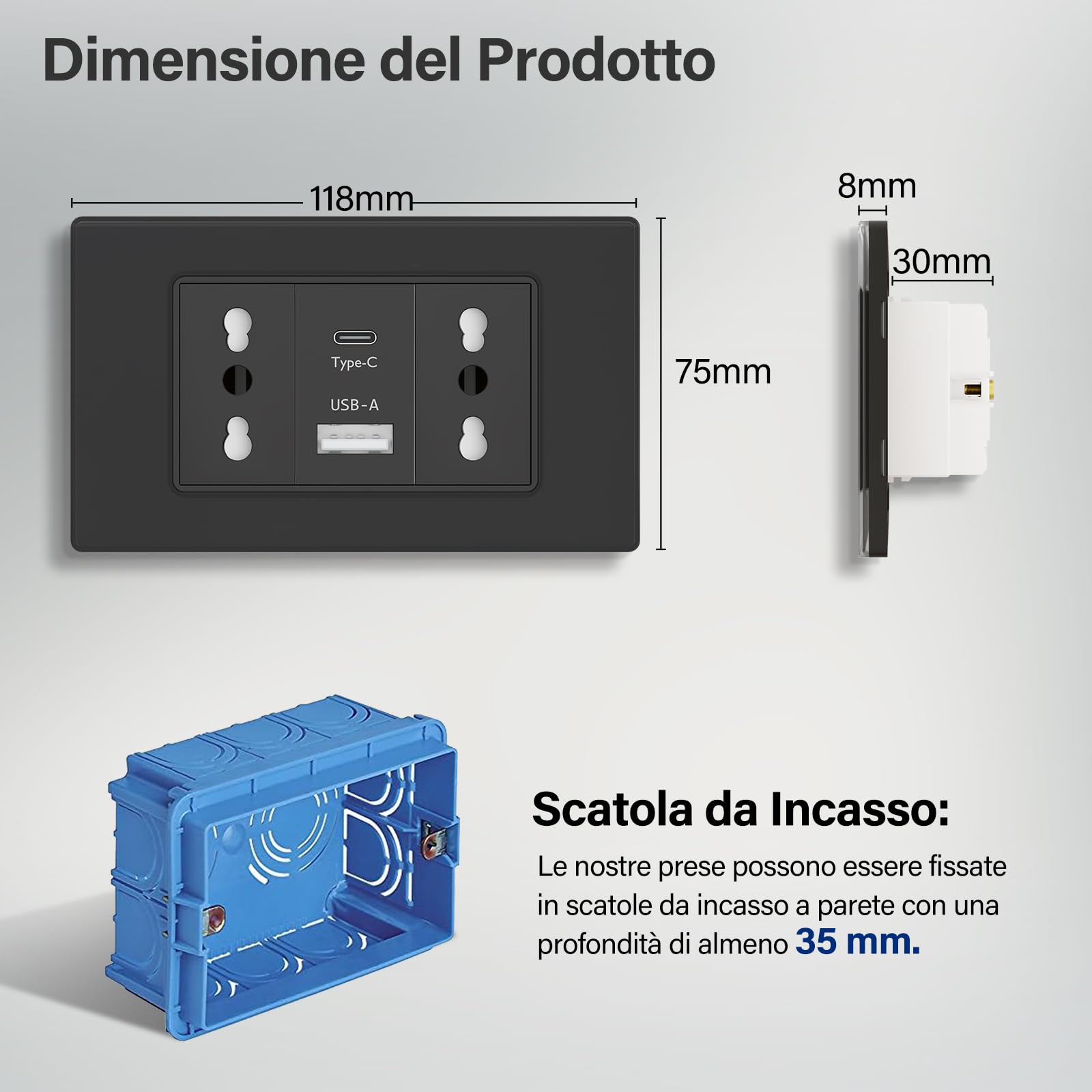 BSEED Prese Elettriche da Muro, Presa Bipasso con USB A e USB C, Presa Bivalente 10A/16A da Muro 118mm, Spina Italiana per Ufficio e Casa, Nero