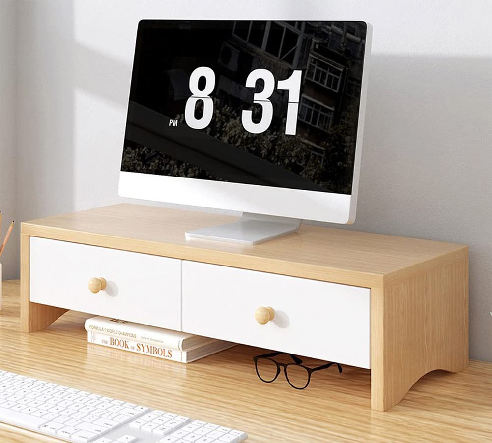 Yur White Wooden Monitor Stand Riser With Drawers- Computer Screen Riser,Tv Laptop Printer Stand,Desktop Storage Organiser,Monitor Riser Shelf