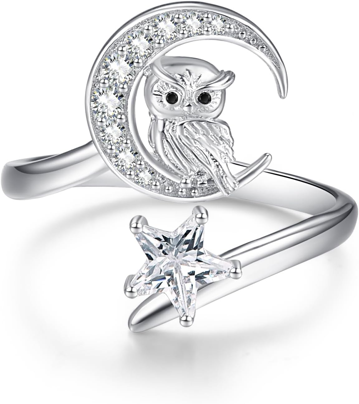 TANGPOET Adjustable Moon Star Ring for Women 925 Sterling Silver CZ Open Rings Celestial Jewelry Gifts for Birthday Christmas Anniversary Graduation