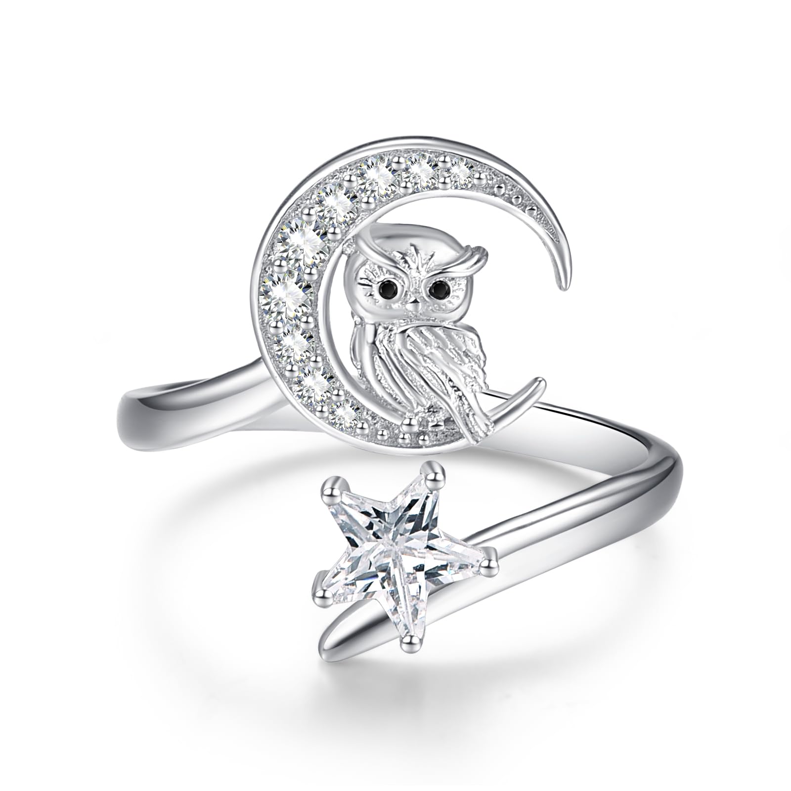 Anillo de búho ajustable de plata 925 con diseño abierto de estrella y luna 8